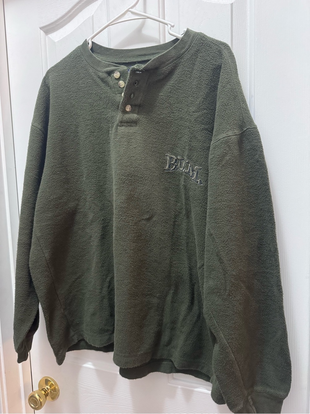 B.U.M. Equipment 90s vintage Olive Green Men's L boxy Fleece Henley Sweatshirt
